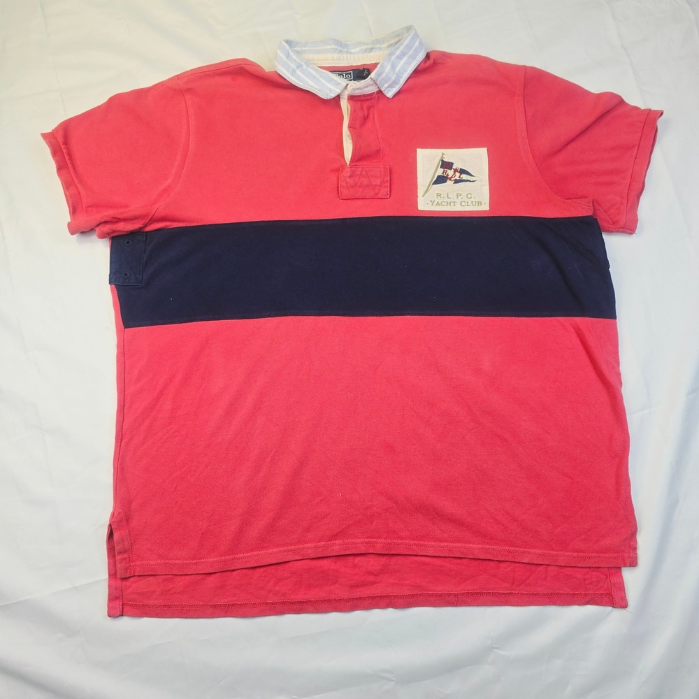 Polo Ralph Lauren Men's Yacht Club Rugby Shirt XXL Red Navy Short Sleeve Q41